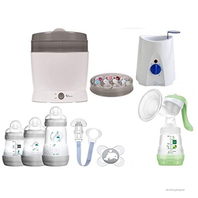 MAM Set 9 Startset Flaschen Sterilisator Babykoster Milchpumpe Neutral + Geschenk
