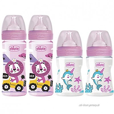 Chicco Antikolik Flaschen Set rosa Anti-Kolik Babyfläschchen 4er Pack ab Geburt bis 6 Mo."Mama-Effekt" Silikon Sauger 0m+ & 2m+ 2 x 150 ml & 2 x 240 ml Made in Italy