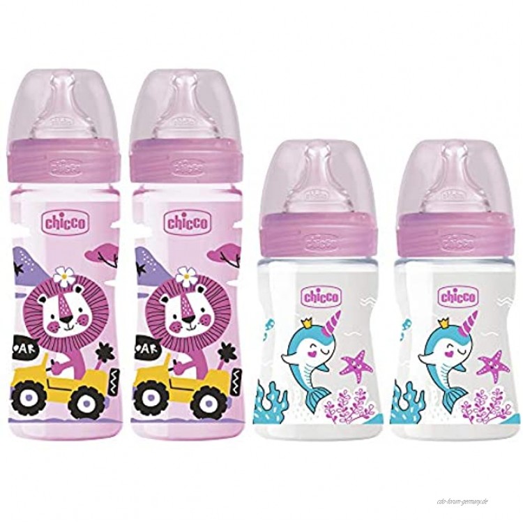 Chicco Antikolik Flaschen Set rosa Anti-Kolik Babyfläschchen 4er Pack ab Geburt bis 6 Mo.Mama-Effekt Silikon Sauger 0m+ & 2m+ 2 x 150 ml & 2 x 240 ml Made in Italy