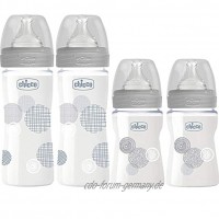 Chicco Glas Flaschen Set Uni Babyfläschchen Well-Being Glas SUPERIOR GLAS "Mama-Effekt" Silikon Sauger 0m+Normaler Nahrungsfluss 2 x 150 ml & 2 x 240 ml  inkl. 4 Silikon Sauger Made in Italy