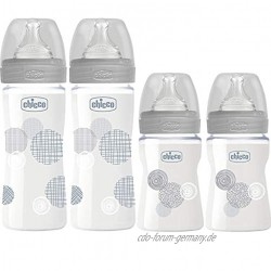 Chicco Glas Flaschen Set Uni Babyfläschchen Well-Being Glas SUPERIOR GLAS "Mama-Effekt" Silikon Sauger 0m+Normaler Nahrungsfluss 2 x 150 ml & 2 x 240 ml  inkl. 4 Silikon Sauger Made in Italy