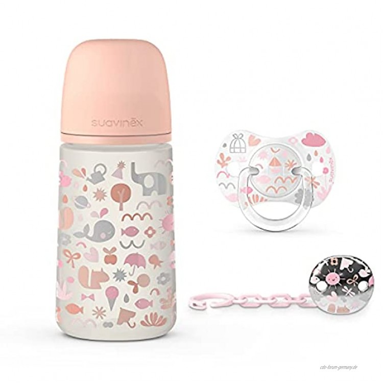 Geschenkset für Neugeborene SX Pro 0-6 Monate enthält eine Flasche mit mittlerer Durchflussmenge von 270 ml einen SX Pro Schnuller und eine Schnullerkette mit Kette Motiv Memories Rosa 3 Produkte