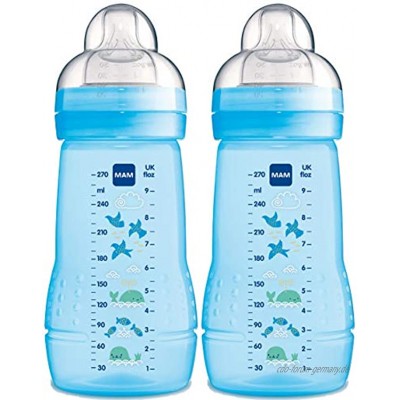 MAM Easy Active Trinkflasche im 2er-Set 270 ml Baby Trinkflasche inklusive MAM Sauger Größe 1 aus SkinSoft Silikon Milchflasche mit ergonomischer Form 0+ Monate blau
