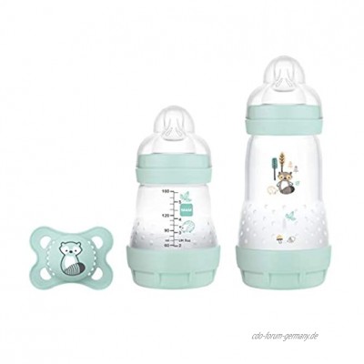 MAM Easy Start Anti-Colic Elements Starter Set S Baby Erstausstattung mit 2 Anti-Colic Flaschen 160 ml & 260 ml inkl. Sauger Größe 1 und Schnuller Baby Geschenk Set ab der Geburt Waschbär