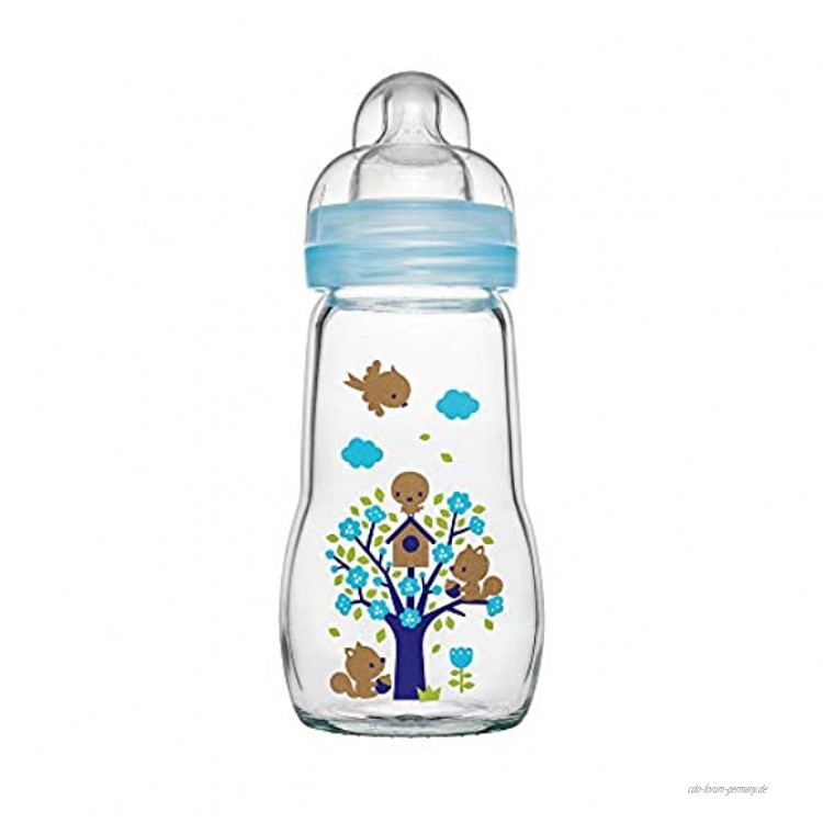 MAM Feel Good Babyflasche aus Glas 260 ml Babyflasche mit weiter Öffnung stabile Baby Trinkflasche mit Sauger Gr. 1 ab der Geburt Naturmotive blau