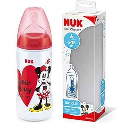 NUK Disney First Choice+ Baby Bottle | 6-18 Months | Temperature Control | Anti-colic Vent | 300 ml | BPA-Free | Silicone Teat | Minnie Mouse Red | 1 Count