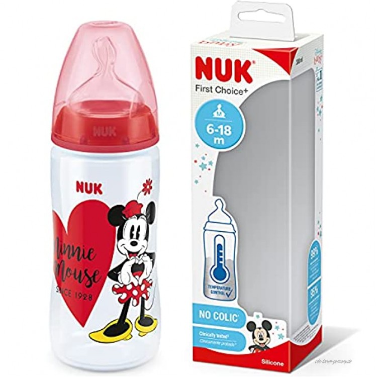 NUK Disney First Choice+ Baby Bottle | 6-18 Months | Temperature Control | Anti-colic Vent | 300 ml | BPA-Free | Silicone Teat | Minnie Mouse Red | 1 Count
