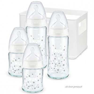 NUK First Choice Plus Glas Babyflaschen Starter Set mit 4 Babyflaschen inklusiv Silikon-Trinksaugern & Flaschenbox 2x 120ml & 2x 240ml 0-6 Monate Sortiertes Design