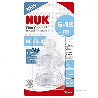 NUK First Choice+ Sauger für Babyflaschen | 6–18 Monate | Durchflusskontrolle | Anti-Kolik-Entlüftung | BPA-frei | 2 Stück