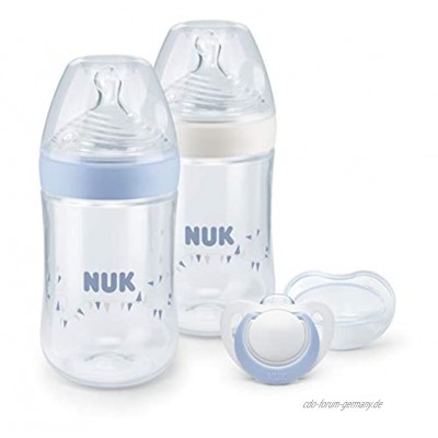 NUK Nature Sense Babyflaschen Set mit 2x Babyflasche 260ml & 1x Schnuller 6-18 Monate mit brustähnlichem Silikon-Trinksauger Blau