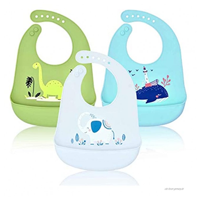 Lätzchen Wasserdichte Silikon Baby Baogaier Silikon-lätzchen Babylätzchen mit Auffangschale Zum Bemalen BPA Frei Abwaschbar Verstellbare Einfache Reinigung Elefant Dinosaurier Wal zum Jungen 3PCS
