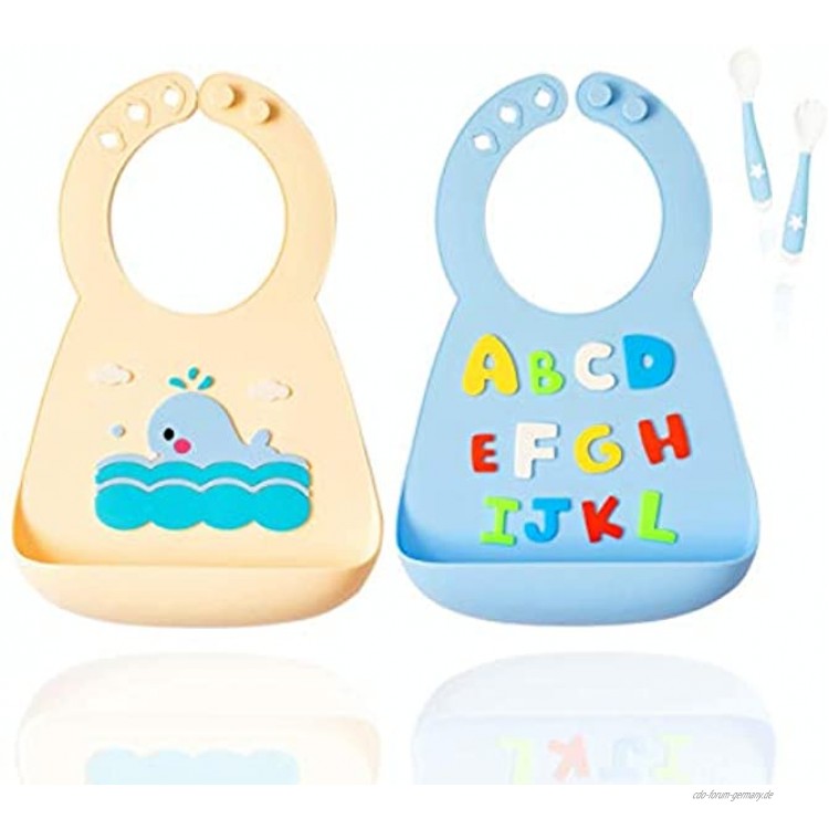 Wasserdichtes Silikonlätzchen für Jungen und Mädchen BPA-frei verstellbar mit Korb leicht zu reinigen extra weich für Babys +6 Monate. Löffel und flexible Gabel als Geschenk.