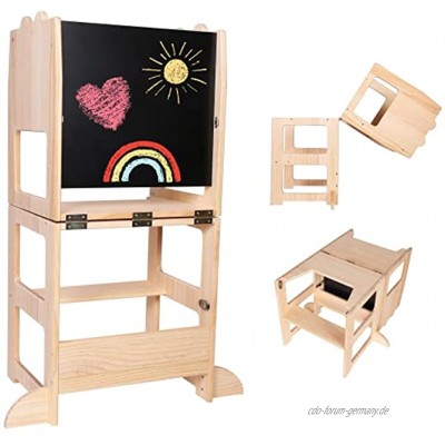 3in1 Learntower Lernturm + Tisch + Tafel von CRS® [NEUZUGANG] Montessori Entdeckerturm für Kinder ab 1 Jahr | Lernstuhl Hochstuhl aus unbehandeltem Holz | Baby und Kids Küchenhelfer