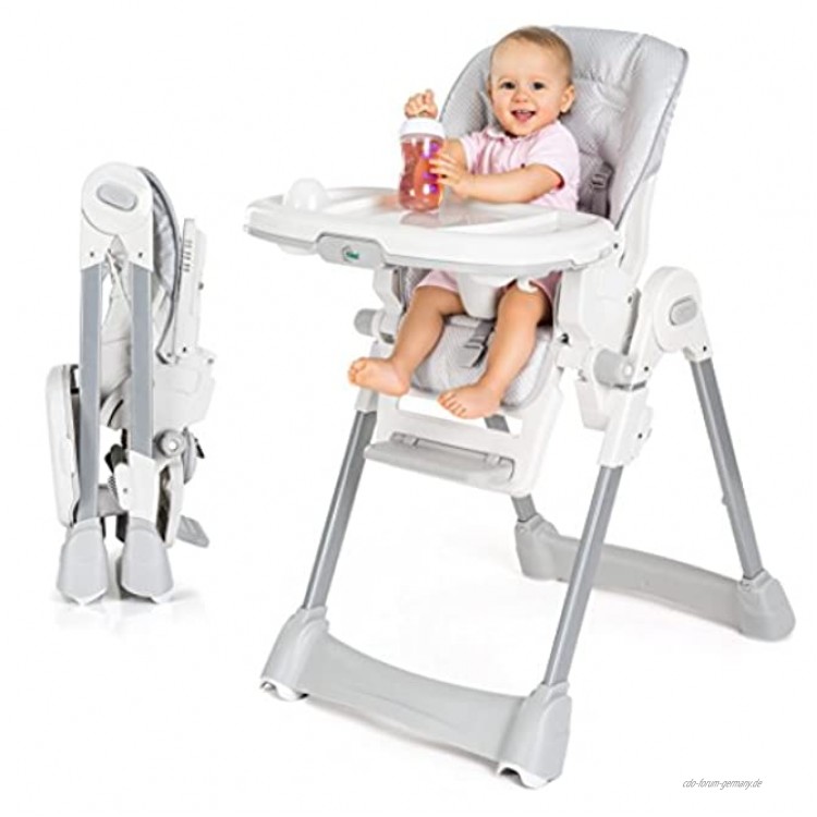 Fillikid Baby Hochstuhl Babystuhl mit Liegefunktion Sitzpolster Gurt Tisch mit abnehmbarem Tablett höhenverstellbar und klappbar Grau Weiß