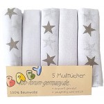 Baby Mulltücher 5 Stück im Set 70x70 cm mit Sternen in taupe 100% Baumwolle Spucktücher Musselin Mullwindeln Stern Grau