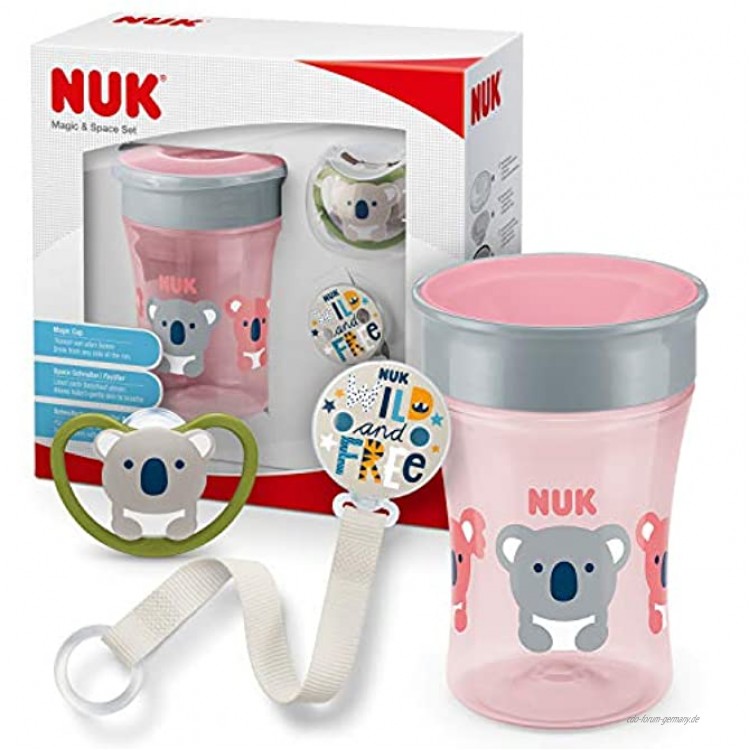 NUK Magic Cup & Set Magic Cup Trinklernbecher Space Schnuller & Schnullerkette 6+ Monate BPA-frei Koala Rosa 3 Stück