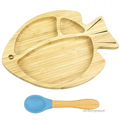Cozy Vibe -Baby Fisch Saugnapf Teller mit einem flexiblen Löffel Babyschale aus nachhaltigem Bambus Rutschfester hochwertiger Teller für Babys und Kinder Blau