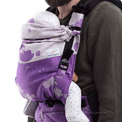 SCHMUSEWOLKE FirstEdition Babytrage Neugeborene und Kleinkinder Schmusewolke Violet Shine BIO-Baumwolle Babysize 0-12 Monate 3-12 kg Bauch-und Rückentrage