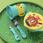Baby Geschirr Set 4Pcs Schalen + Tasse + Löffel + Gabel Geschirrset mit Saugnapf Edelstahl Kindergeschirr BPA-freies Cartoon Tiere Multifunktion Blau