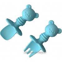 Hicollie Silikon Kinderbesteck 2er Set Blau | Babybesteck Gabel und Löffel BPA-frei | Beißring zum Zahnen Beißspielzeug für Babys und Kinder | Selbstfütterndes Besteck für Junge Blau