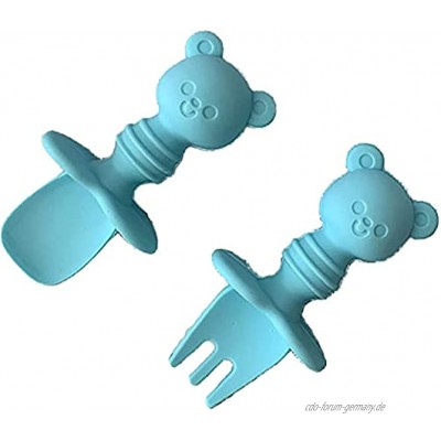 Hicollie Silikon Kinderbesteck 2er Set Blau | Babybesteck Gabel und Löffel BPA-frei | Beißring zum Zahnen Beißspielzeug für Babys und Kinder | Selbstfütterndes Besteck für Junge Blau