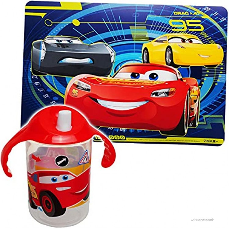 alles-meine.de GmbH 2 TLG. Set: Platzdeckchen + Trinklernbecher Trinklerntasse Trinklernflasche Disney Cars Auto Lightning McQueen 390 ml BPA frei auslaufsicher -..