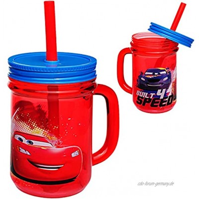 alles-meine.de GmbH Trinkbecher Henkeltasse Trinkflasche Disney Cars Auto Lightning McQueen mit Strohhalm & Deckel BPA frei 420 ml Kunststoff Plastik durchsic..