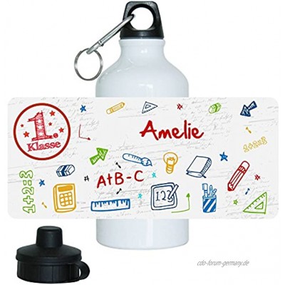 Eurofoto Trinkflasche mit Namen Amelie und 1. Klasse-Motiv für Mädchen aus Aluminium