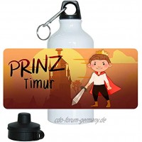 Eurofoto Trinkflasche Set mit Namen Timur und Motiv mit Prinz und Burg für Jungen | Motiv-Trinkflasche | Kinder-Aluflasche