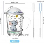 Heiqlay Strohbecher für Kinder Trinkbecher Kinder mit Strohhalm Glasbecher mit Deckel und Strohhalm Kreative Trinkglas Hitzebeständig Glasmilchbecher mit Griffe 400ml Elefant
