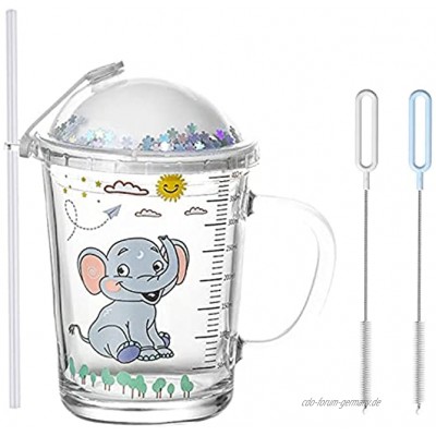 Heiqlay Strohbecher für Kinder Trinkbecher Kinder mit Strohhalm Glasbecher mit Deckel und Strohhalm Kreative Trinkglas Hitzebeständig Glasmilchbecher mit Griffe 400ml Elefant