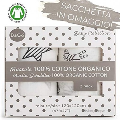 Mussole Neonato Bago® 100 % Bio-Baumwolle Zertifikat Gots 120 x 120 Musselin Babybettdecke 2 Fantasie Beutel für Transport Geschenk Bebe Für Mädchen und Jungen
