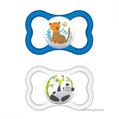 MAM Air Silikon Schnuller im 2er-Set extra leichtes und luftiges Schilddesign zahnfreundlicher Baby Schnuller aus speziellem MAM SkinSoft Silikon mit Schnullerbox 6-16 Monate Tiger Panda