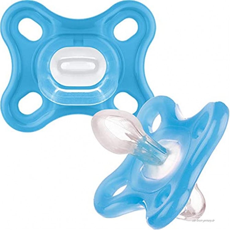 MAM Comfort All-Silikon-Schnuller ab 0 Monaten 2 Stück weich und leicht für Frühchen und Neugeborene mit selbststerilisierendem Reiseetui blau