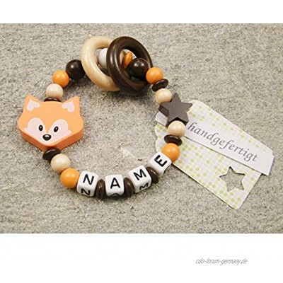 Baby Greifling Beißring geschlossen mit Namen individuelles Holz Lernspielzeug als Geschenk zur Geburt Taufe Mädchen Jungen Motiv Fuchs in orange