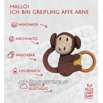 LOOP BABY Beißring Affe Arne Nachhaltiges Bio Spielzeug aus Öko-Baumwolle Greifling als Zahnungshilfe gehäkelter Beissring mit Holzring als Geschenk für Neugeborene Babyrassel Holz