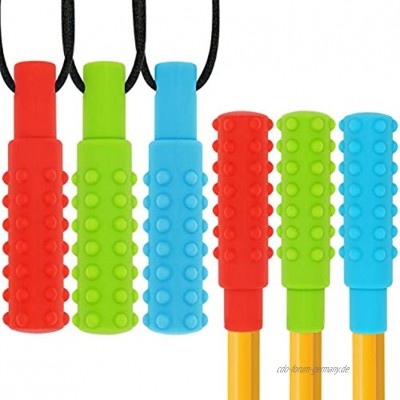 Sensory Chew Halsketten Pencil Topper Set 6er Pack Silikon Chew Stick Autismus Kauspielzeug für Kinder Jungen und Mädchen Oral Sensory Motor Aids Blau Grün Rot