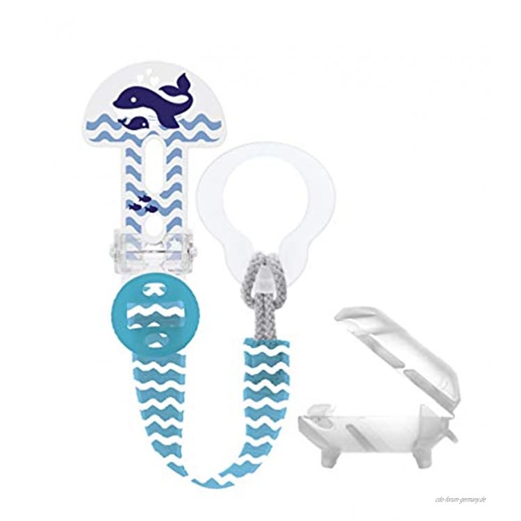 MAM Clip it! Fashion & Cover Schnullerband mit Saugerschutz längenverstellbarer Schnullerhalter mit abnehmbarem Ring passend für Schnuller Beißringe sowie Spielzeuge blau