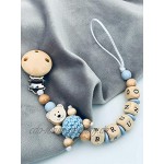 Schnullerkette mit Namen Natur Holz & Pastellblau Teddy Bär Junge personalisierte Baby Geschenk