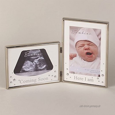 Bambino versilberter Doppel-Bilderrahmen für Ultraschallbild und Neugeborenen-Foto „Coming Soon“ und „Here I Am“