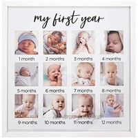 Großer Bilderrahmen für Babys 44,5 x 44,5 cm mit weißem Passepartout mit 12 Blenden um jeden Monat des ersten Jahres ein Foto Ihres Babys hinzuzufügen zur Wandmontage mit Glasfront