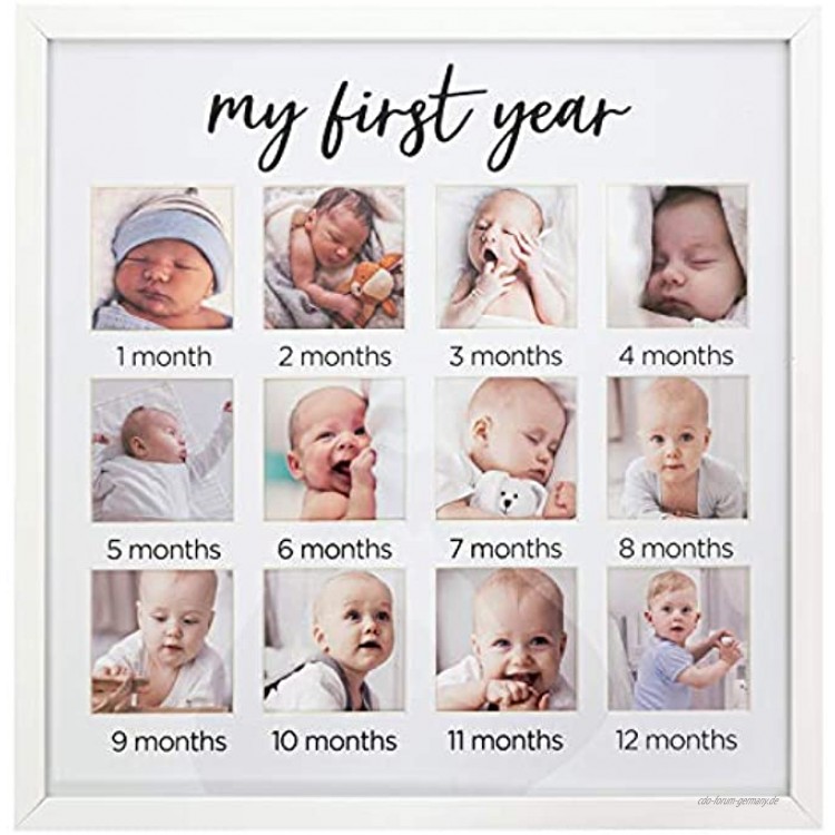 Großer Bilderrahmen für Babys 44,5 x 44,5 cm mit weißem Passepartout mit 12 Blenden um jeden Monat des ersten Jahres ein Foto Ihres Babys hinzuzufügen zur Wandmontage mit Glasfront