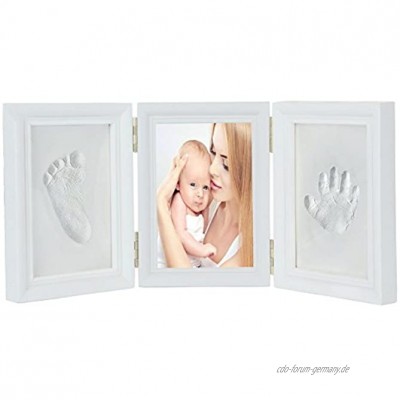 JZK Weiß Baby Handabdruck Fußabdruck Foto Rahmen Set EN71 Spielzeug Test übergeben ungiftig Kind sicher Geschenk für Mädchen Junge Babyparty Babyshower Taufe weiß Ton