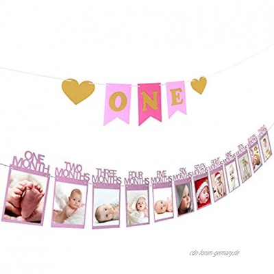 ZoomSky 2 Bilderrahmen Banner Set zum 1. Geburtstag Baby 1-12 Monate Fotogirlanden und One Girlande mit Herz Wimpelkette aus Glitter Karte Papier fürBabydusche Party Deko Kinderzimmer Foto Prop