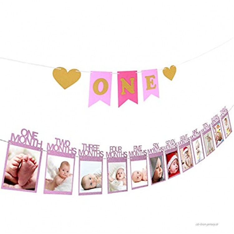 ZoomSky 2 Bilderrahmen Banner Set zum 1. Geburtstag Baby 1-12 Monate Fotogirlanden und One Girlande mit Herz Wimpelkette aus Glitter Karte Papier fürBabydusche Party Deko Kinderzimmer Foto Prop