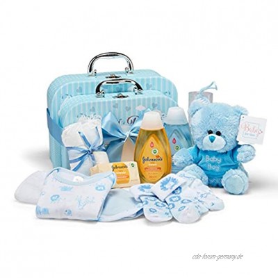 Baby Geschenkset Blauer Korb voller Babyprodukte in 2 Baby Boy Andenkenboxen