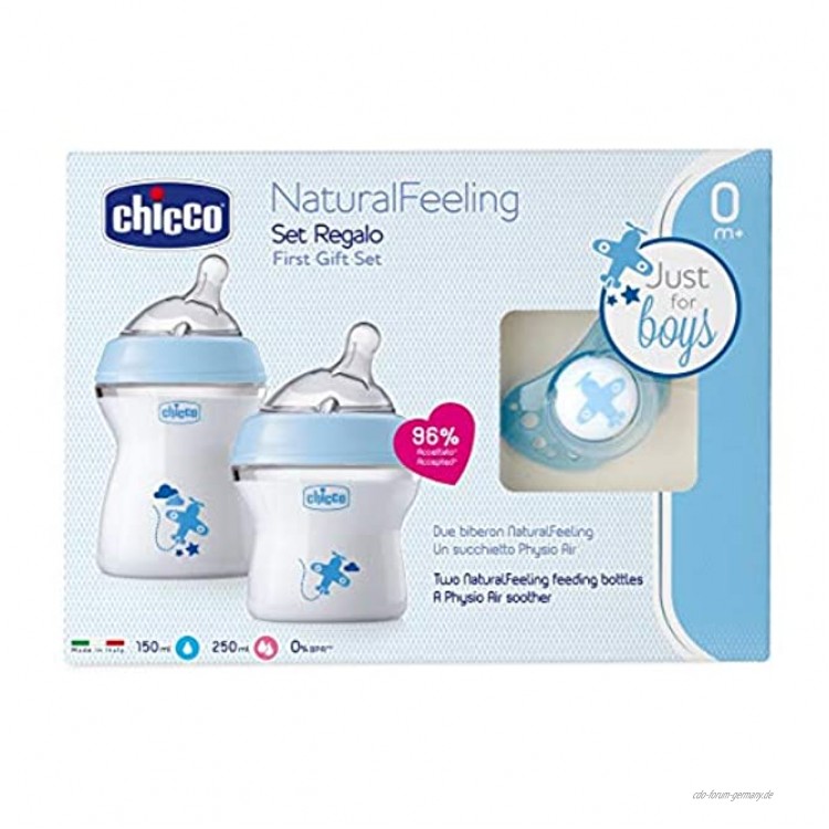 Chicco NaturalFeeling Geschenkset mit 2 Babyflaschen + Schnuller 0m+ blau