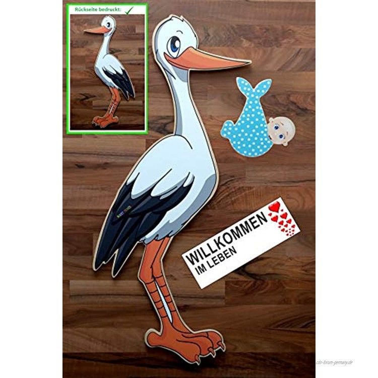 SET 95 cm Babystorch aus HOLZ & Baby JUNGE & Beschriftungstafel für draußen Geburt Storch-Holz Klapperstorch Holzstorch BLAU ZWEISEITIG bedruckt 95x45 cm