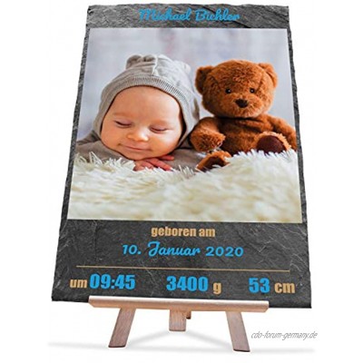 wandmotiv24 Schieferplatte mit eigenem Foto zur Geburt 20 x 30 cm inklusive Staffelei Babyfoto Geschenk zur Taufe Geburtsdaten Kinder Babyparty Baby-Love Geschenke zum Babyglück Junge M0389
