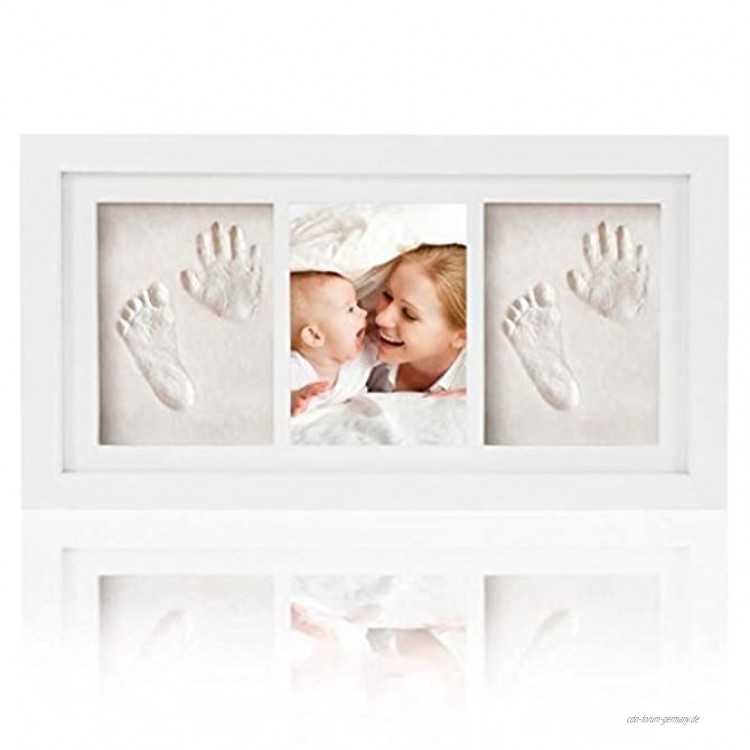 Ideales Babygeschenk Bilderrahmen aus Holz mit Gipsabdruck fu¨r Baby Geburt oder Taufe Baby Handabdruck und Fußabdruck Andenken Fotos Rahmen set